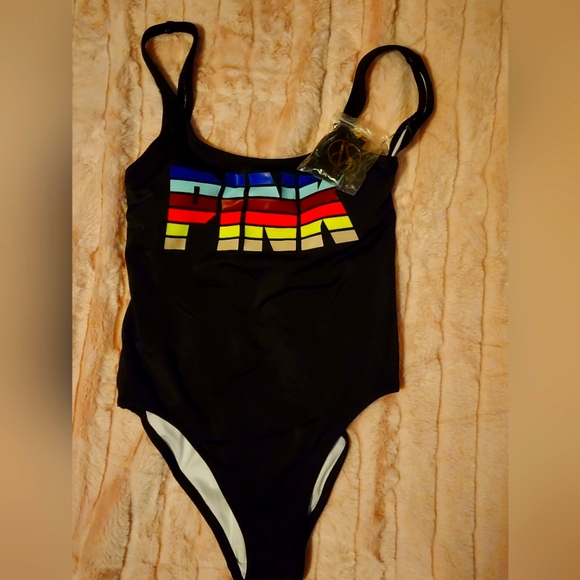 NWT Retro Black Swimsuit Victoria's Secret with Colorful PINK Logo - Picture 1 of 5
